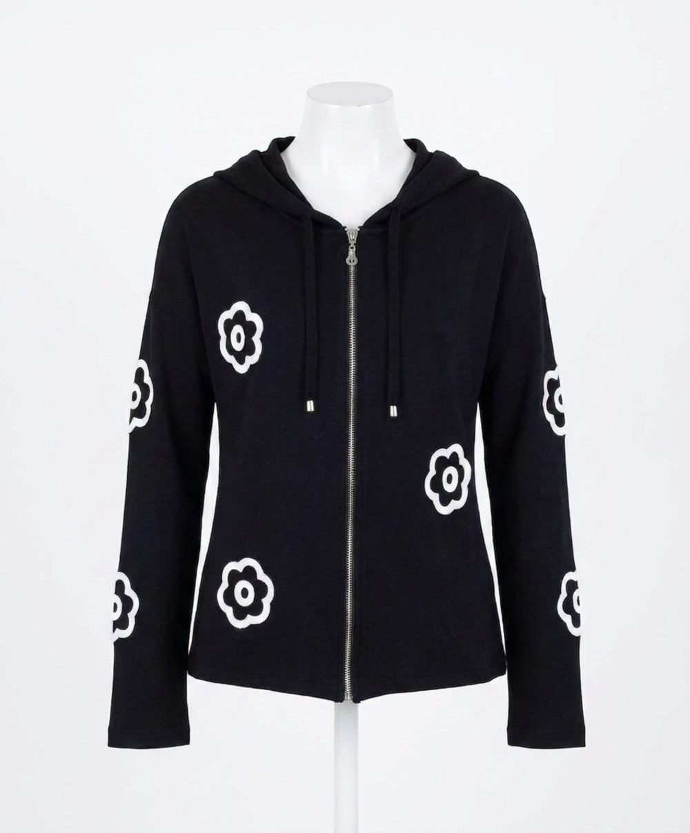 NEW FRENCH KYSS handmade flower zip hoodie in black/white